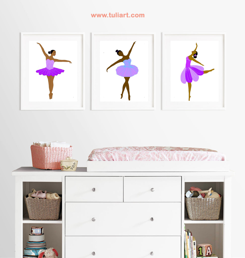 Set of three ballerina prints in purple
