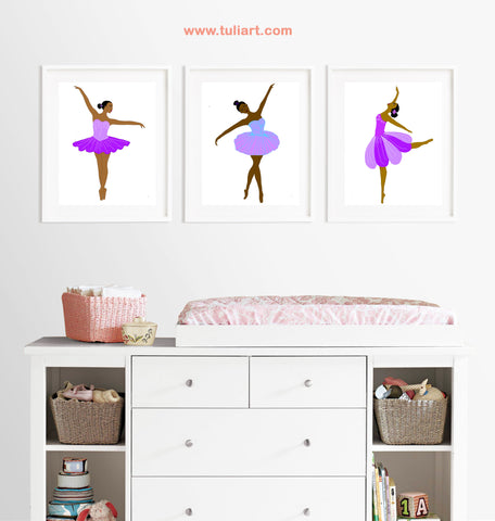 Set of three ballerina prints in purple